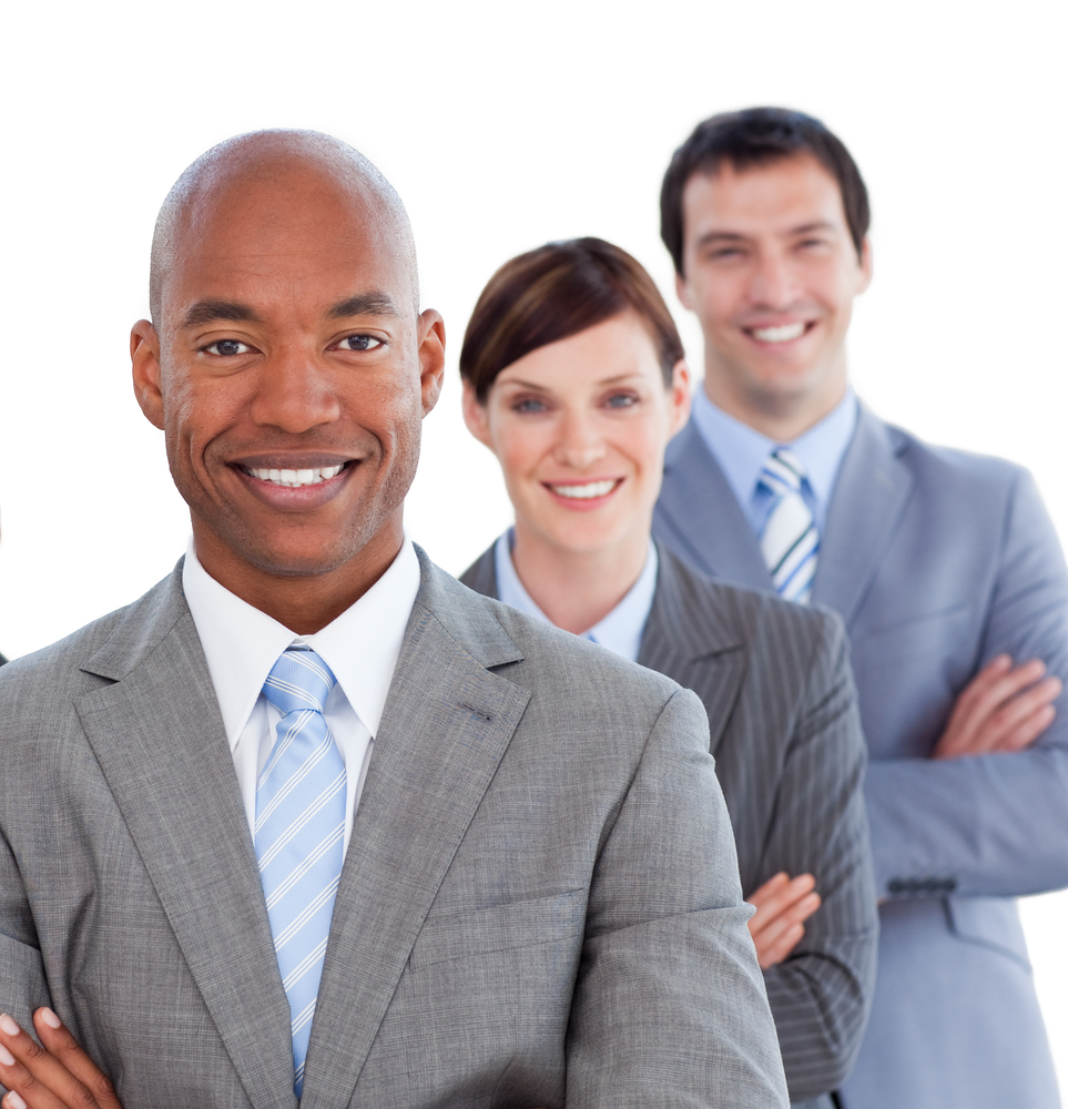 Portrait of positive business team against a white background
